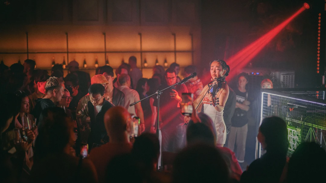 female violinist playing a violin on stage with a large crowd surrounding her